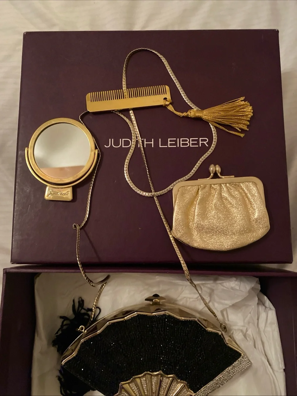 Vintage Judith Leiber Black, Gold & Silver Fan Minaudière
